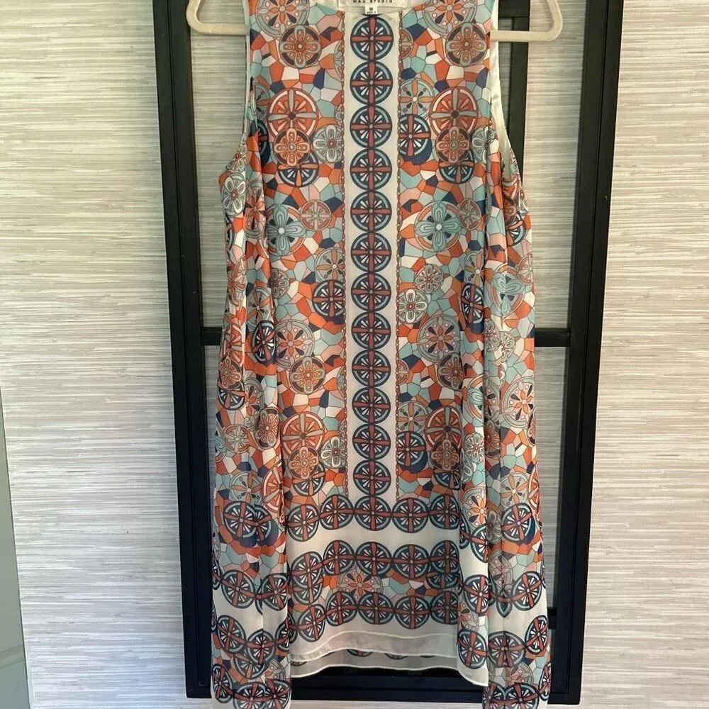 Max studio lovely peach blue white printed trapeze flowy dress m
